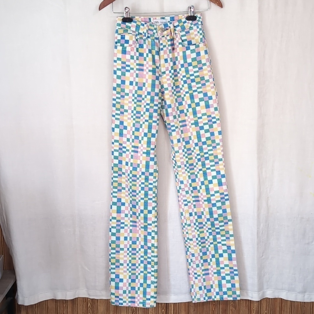 Zara Pastel Checkered High Rise Straight Leg Jeans Size 0